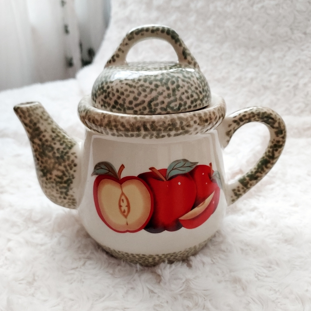 Petite Ceramic Teapot Green Speckled Apple Design Cottagecore Grandmacore